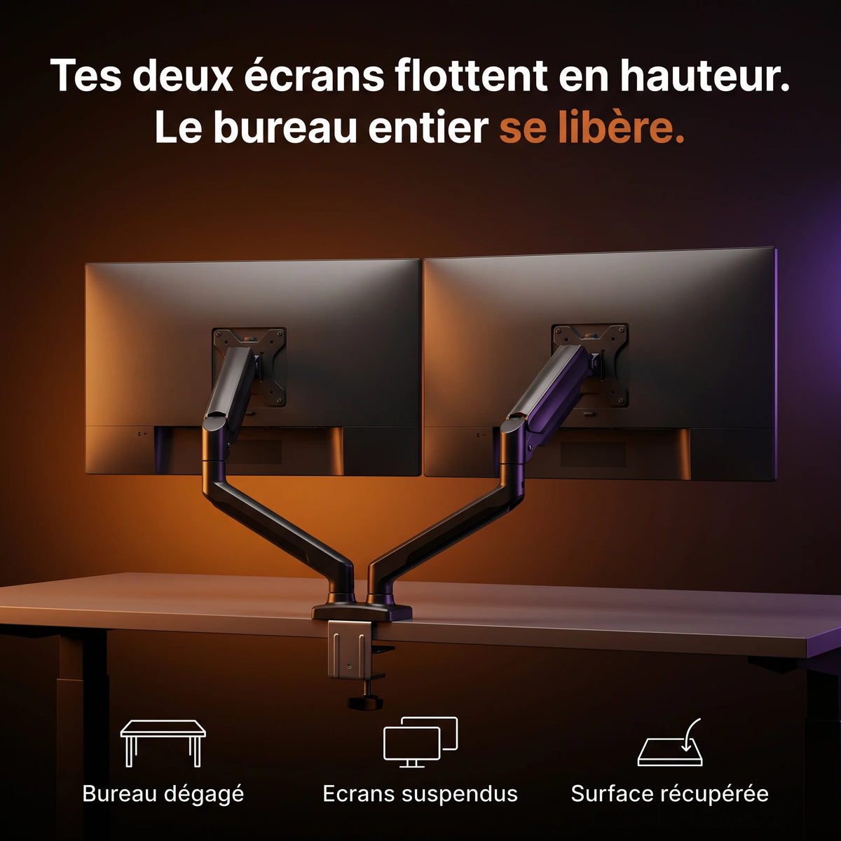 Deux écrans qui flottent sur le bras articulé ProSetup, surface du bureau libérée