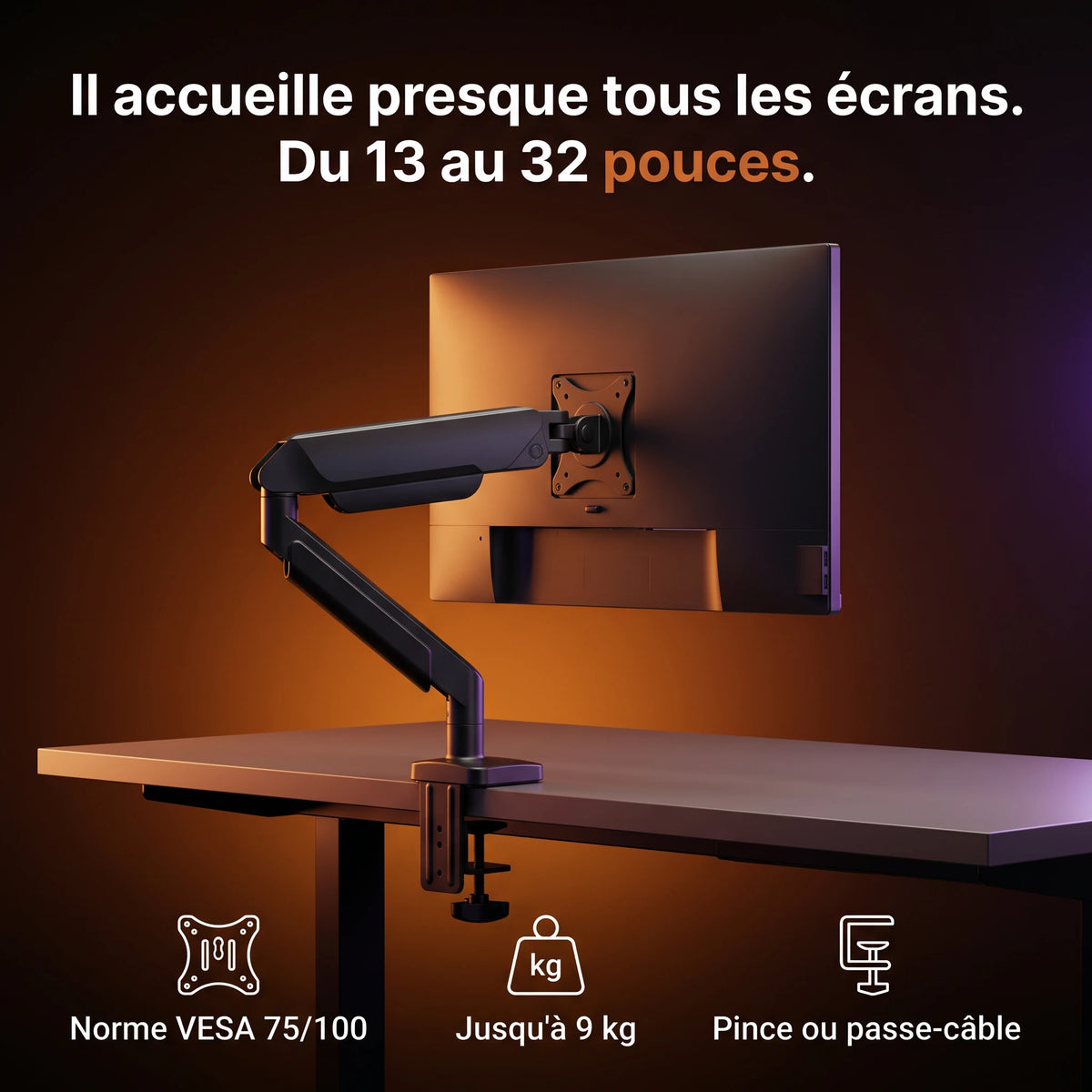 Bras articulé simple écran ProSetup compatible moniteurs jusqu'à 32 pouces, norme VESA