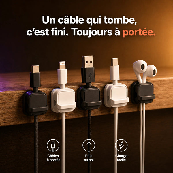 Clip câble magnétique ProSetup fixé au bord du bureau retenant un câble de charge