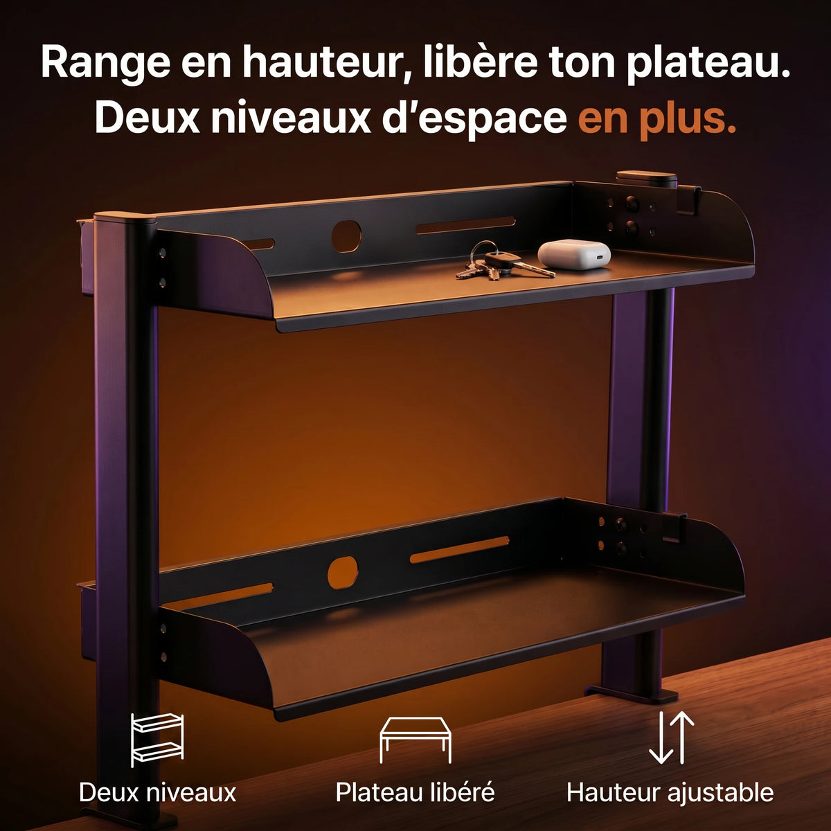 Étagère de bureau ProSetup à 2 niveaux, rangement en hauteur au-dessus du plateau