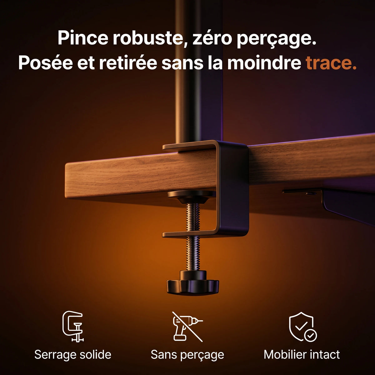 Étagère de bureau ProSetup fixée par pince au bord du bureau, sans perçage