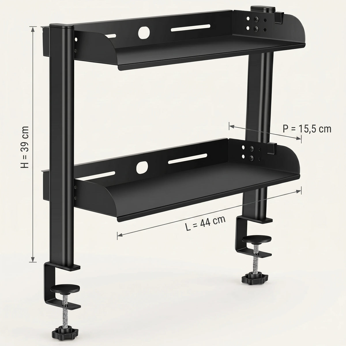 Étagère de bureau 2 niveaux à pince ProSetup, schéma des dimensions, hauteur ajustable