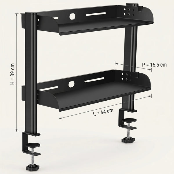 Étagère de bureau 2 niveaux à pince ProSetup, schéma des dimensions, hauteur ajustable