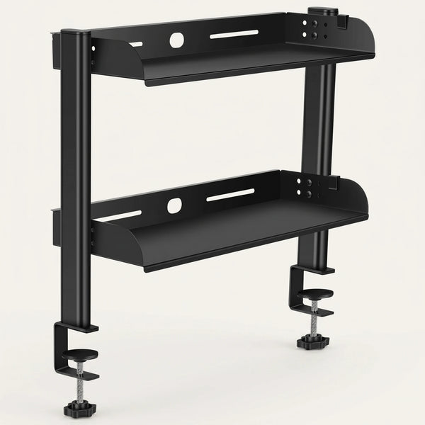 Étagère de bureau 2 niveaux à pince ProSetup en métal noir, packshot sur fond clair
