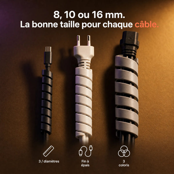 Gaine spiralée cache-câbles ProSetup et ses trois diamètres disponibles : 8, 10 et 16 mm