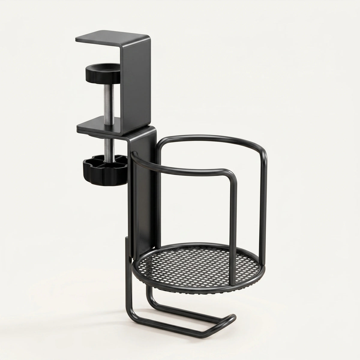 Porte-gobelet de bureau 2-en-1 ProSetup noir à pince, avec crochet casque, packshot fond clair