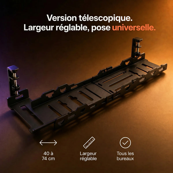 Range-câbles ProSetup à structure télescopique, largeur ajustable à celle du bureau