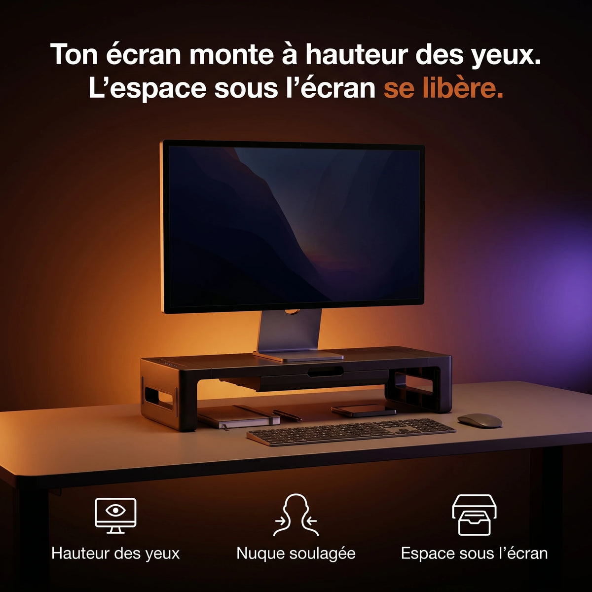 Écran remonté à hauteur des yeux sur le rehausseur ProSetup pour une meilleure posture