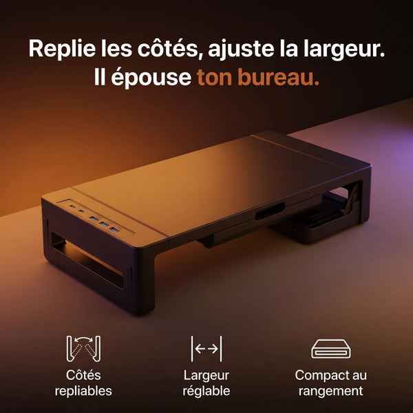 Rehausseur d'écran ProSetup à largeur réglable grâce à ses côtés latéraux repliables