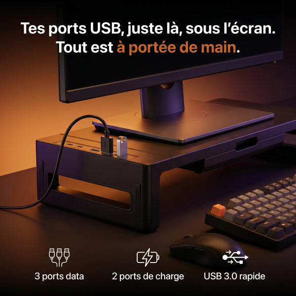Rehausseur d'écran ProSetup avec ports USB intégrés sur le côté pour brancher tes appareils