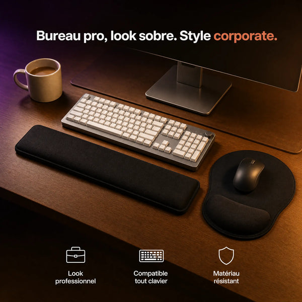 Setup bureau pro look sobre avec repose-poignet clavier et souris corporate noirs