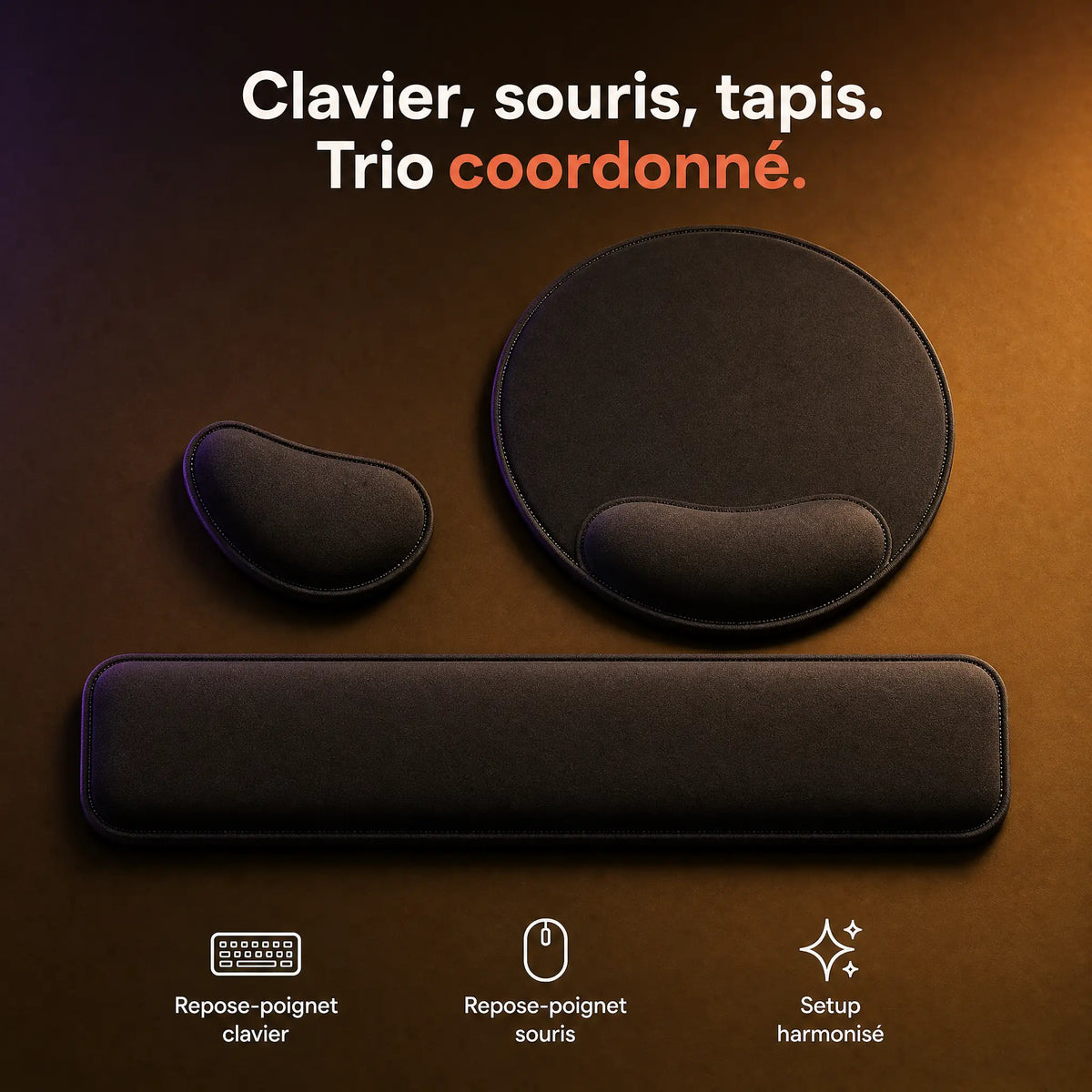 Trio coordonné repose-poignet clavier, souris et tapis corporate noir ProSetup