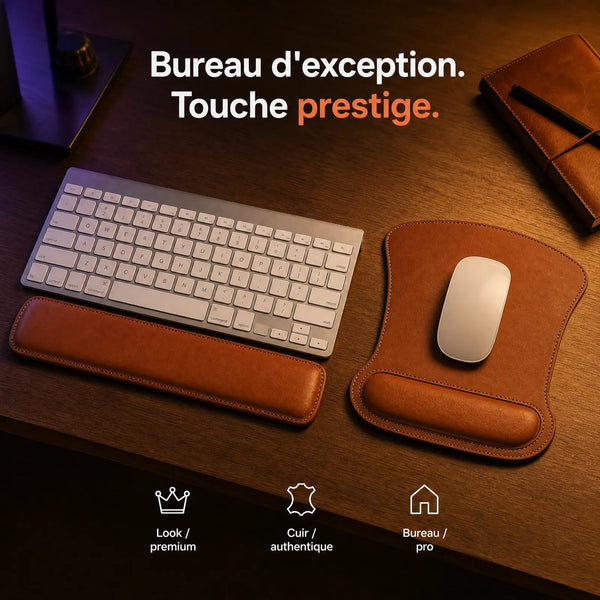 Setup bureau d'exception cuir cognac avec clavier Apple Magic style premium