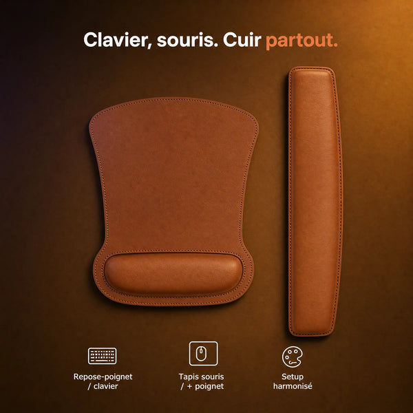 Duo cuir cognac repose-poignet clavier et tapis souris premium ProSetup