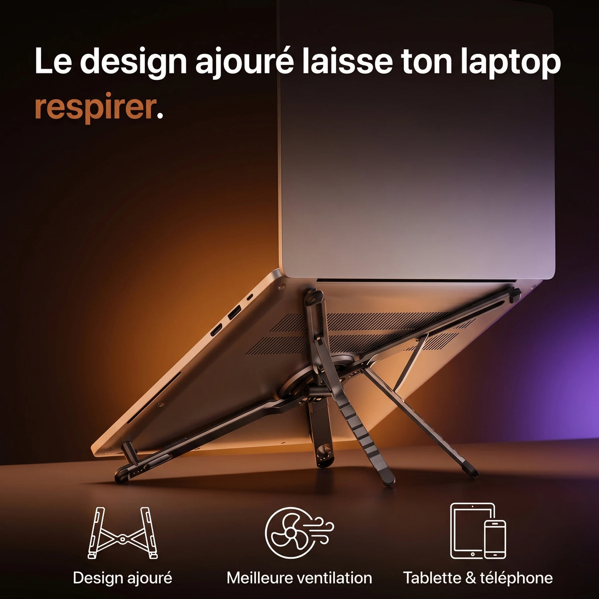 Support laptop ProSetup au design ajouré qui laisse l'air circuler sous l'ordinateur portable