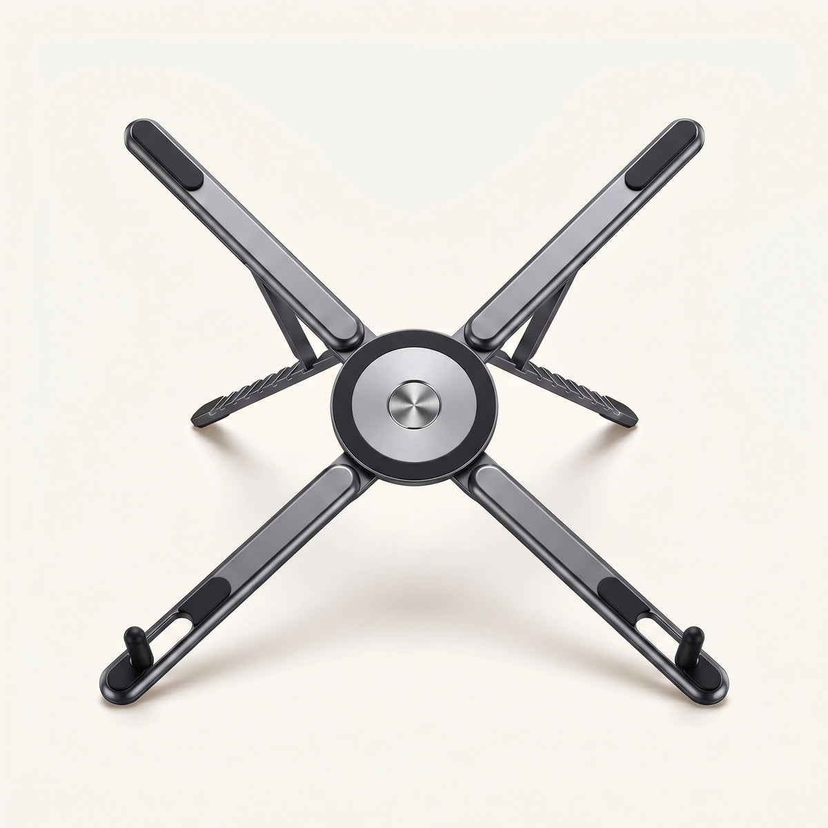 Support laptop pliable magnétique ProSetup en aluminium gris, déplié en étoile, packshot fond clair