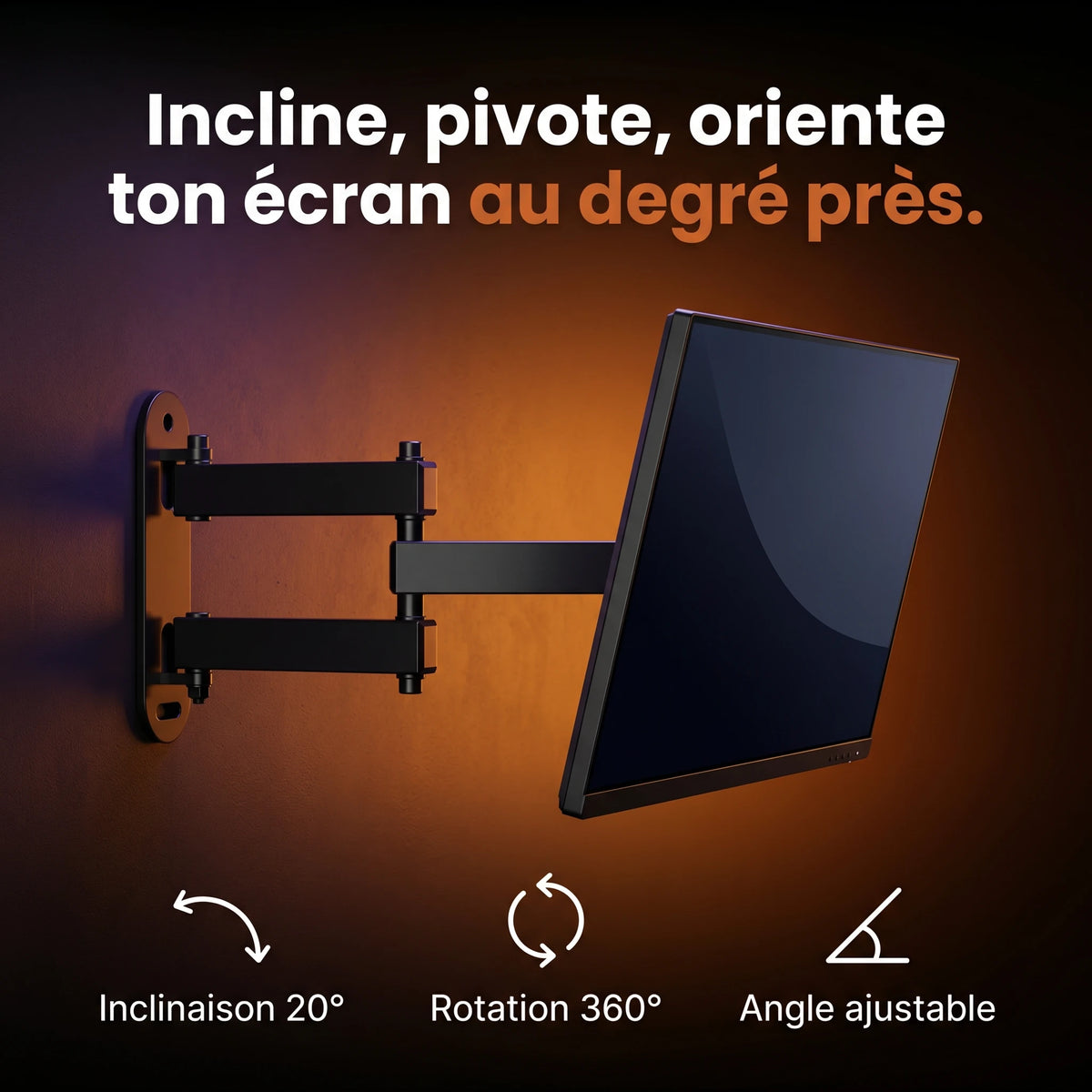 Écran sur le support mural ProSetup, inclinaison 20° et rotation 360° pour régler l'angle