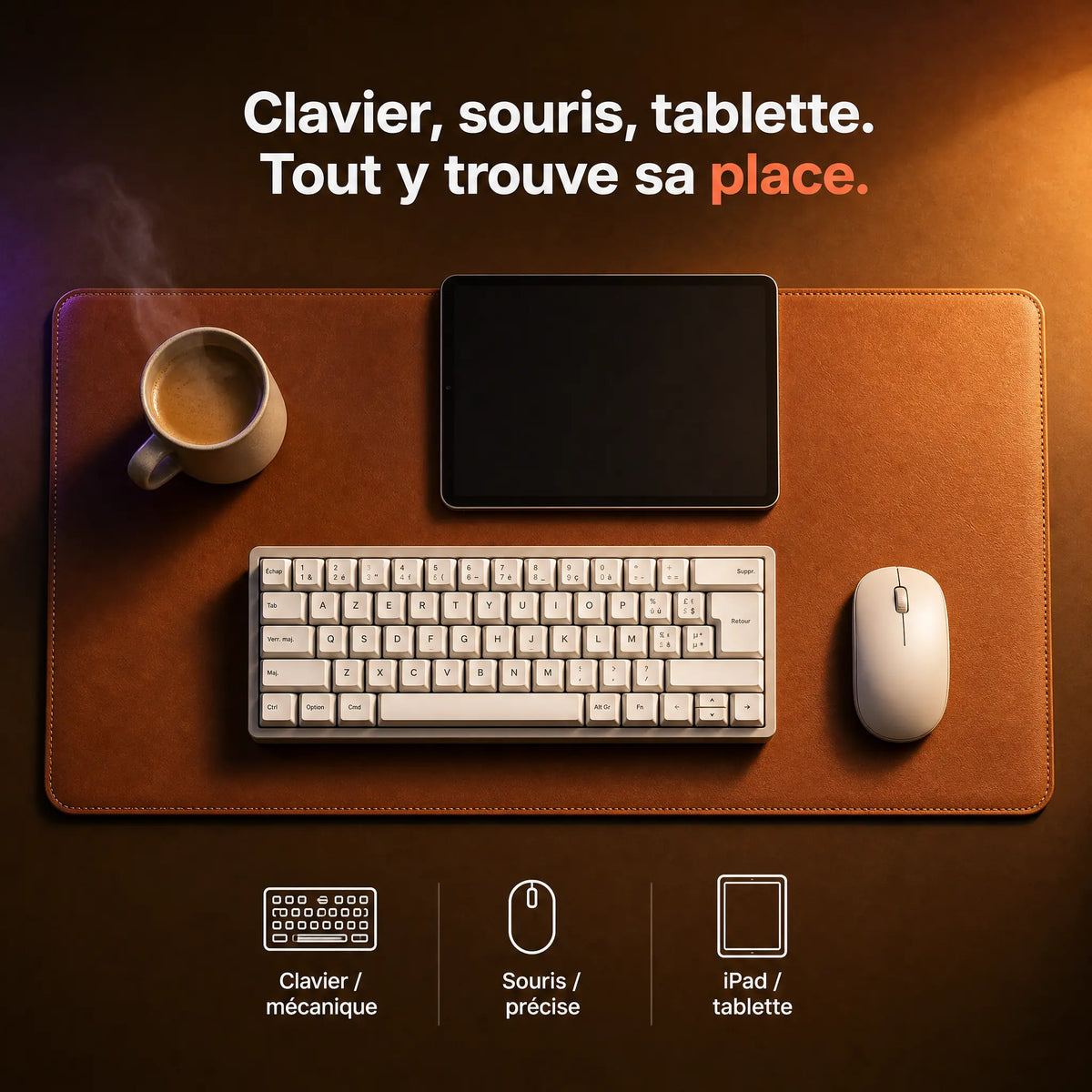 Tapis de bureau cuir avec clavier, souris et tablette, surface multi-accessoires