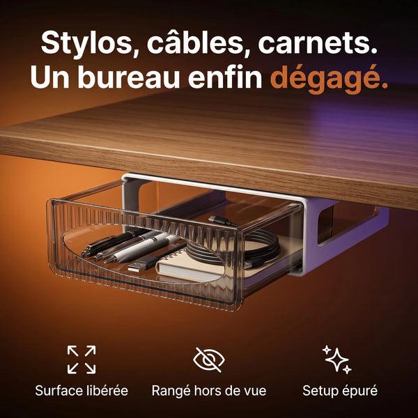 Tiroir de rangement adhésif ProSetup ouvert sous le bureau, stylos et accessoires rangés
