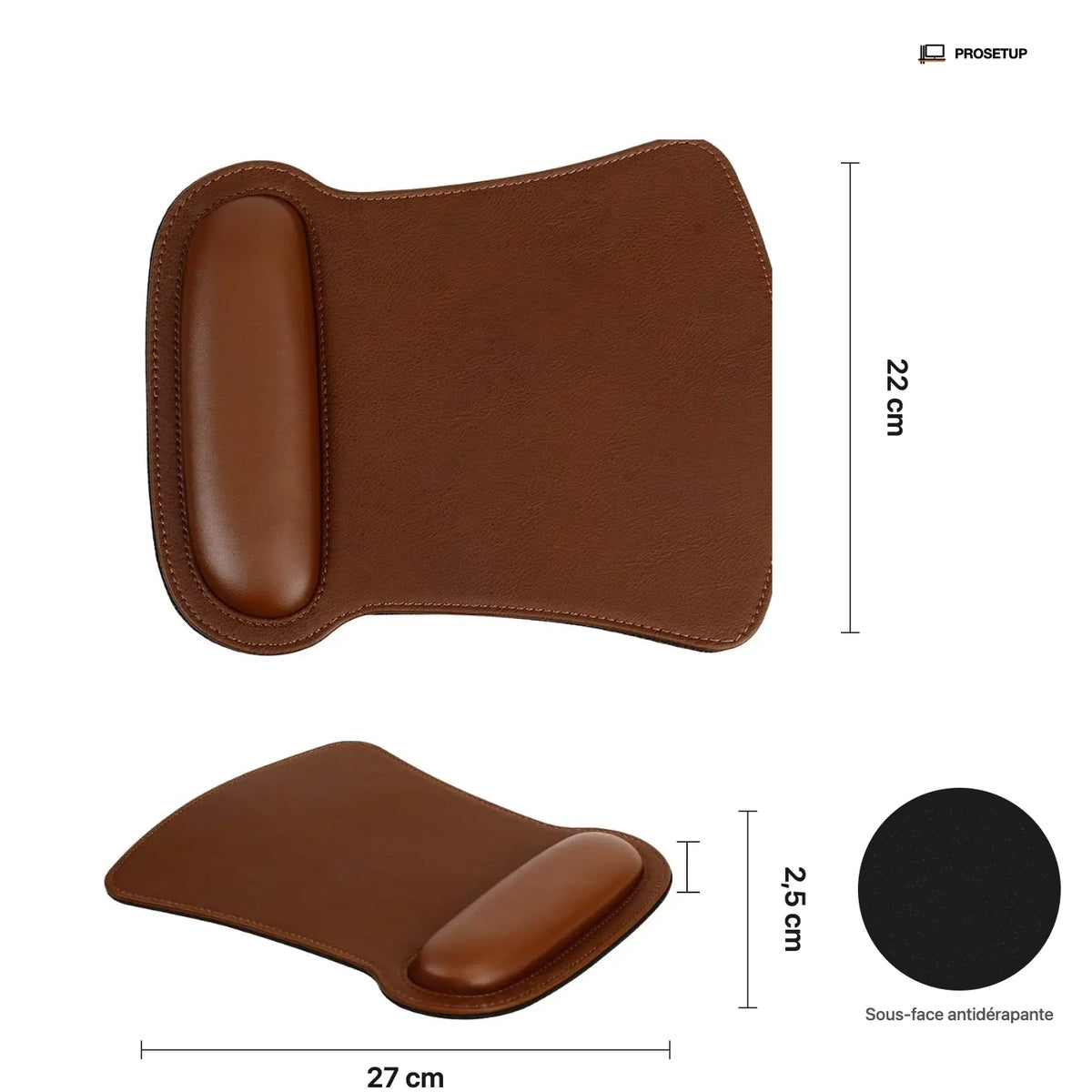 Dimensions et caractéristiques tapis souris cuir cognac ProSetup, guide taille