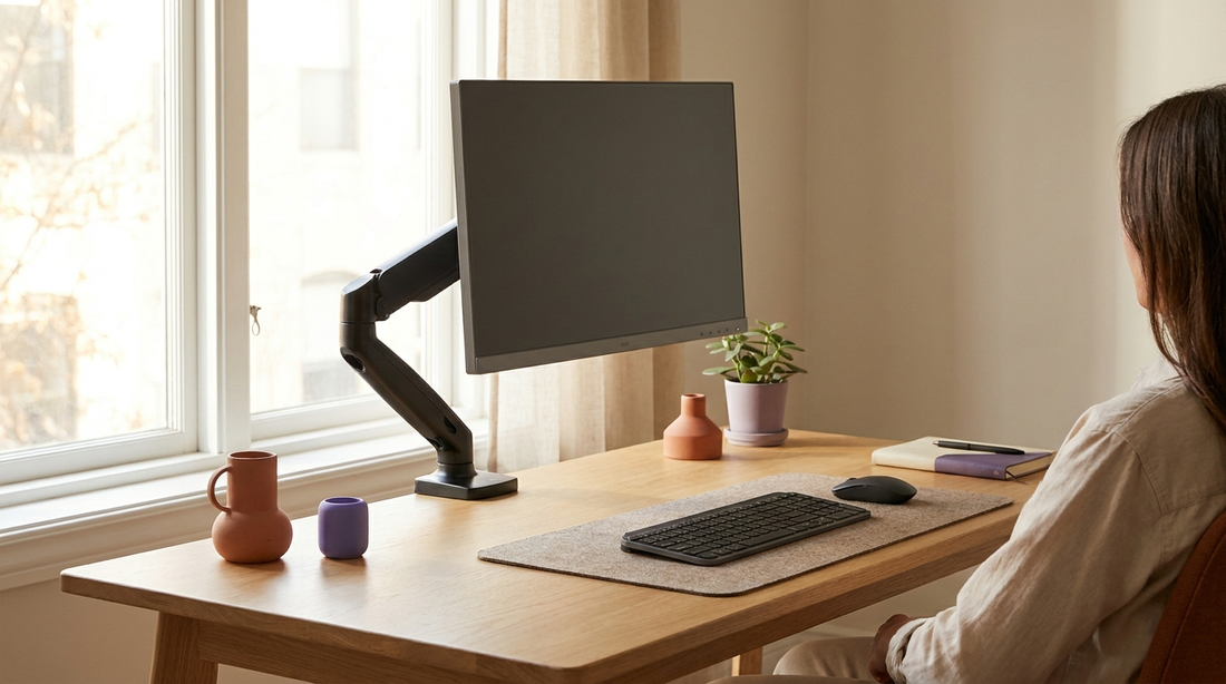Écran de bureau remonté à hauteur des yeux sur un bras articulé