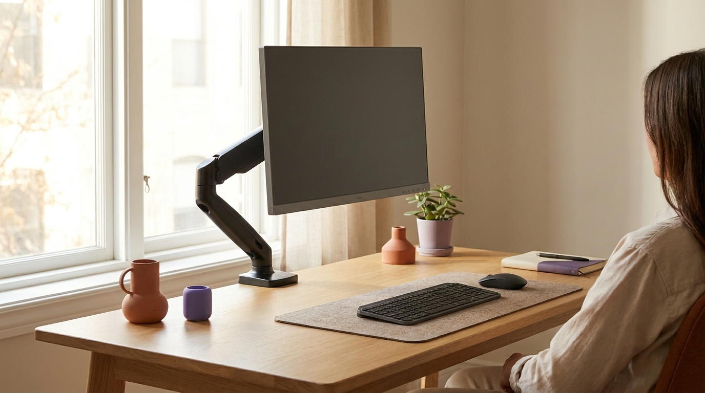 Écran de bureau remonté à hauteur des yeux sur un bras articulé