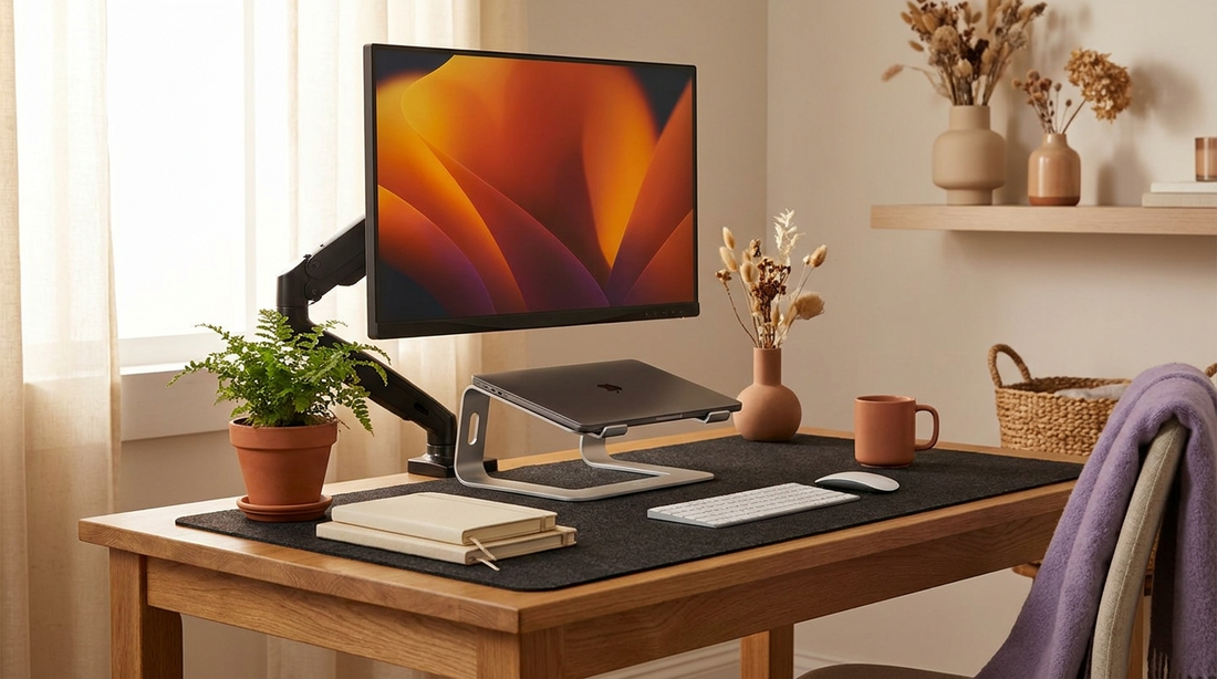 Setup de bureau esthétique aux tons chauds avec accessoires ergonomiques