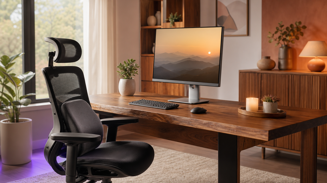 Bureau ergonomique avec chaise et coussin lombaire, posture saine