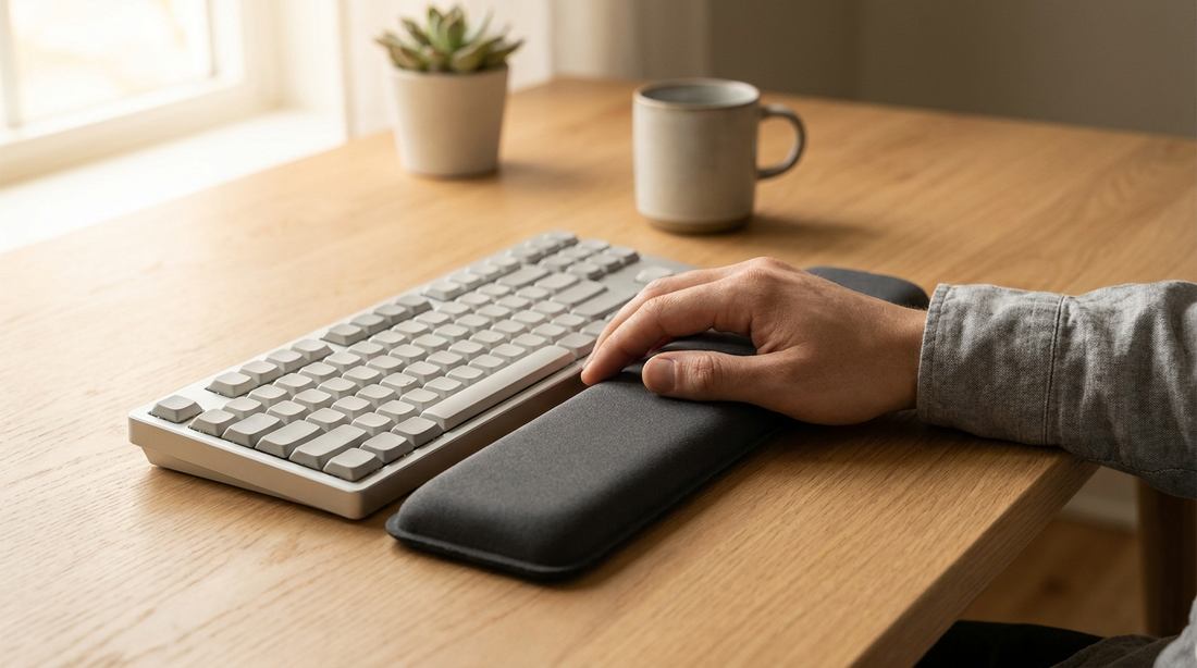 Repose-poignet ergonomique en mousse à mémoire de forme devant un clavier sur un bureau en bois