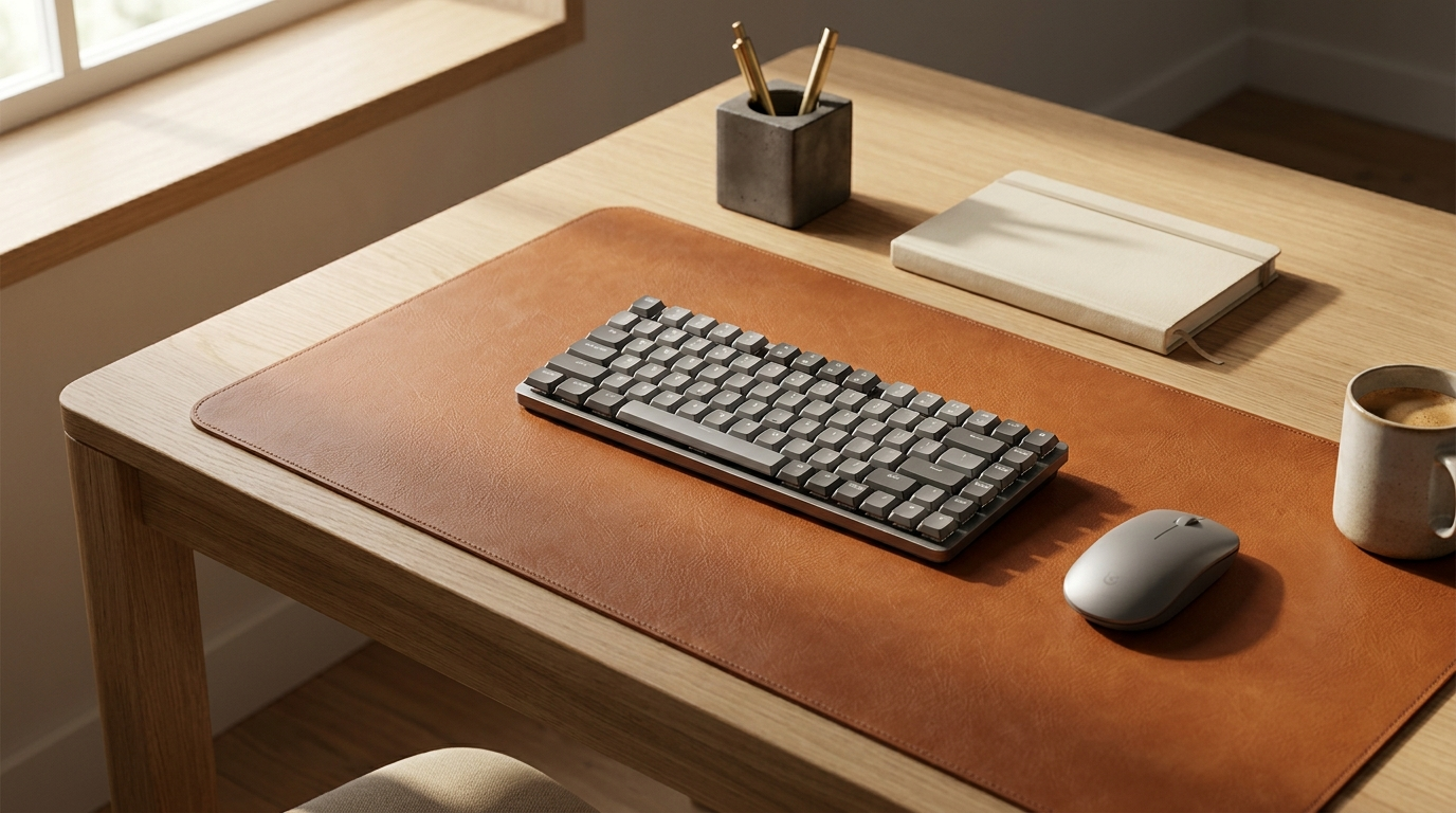 Grand tapis de bureau en cuir cognac avec clavier et souris sur un bureau épuré
