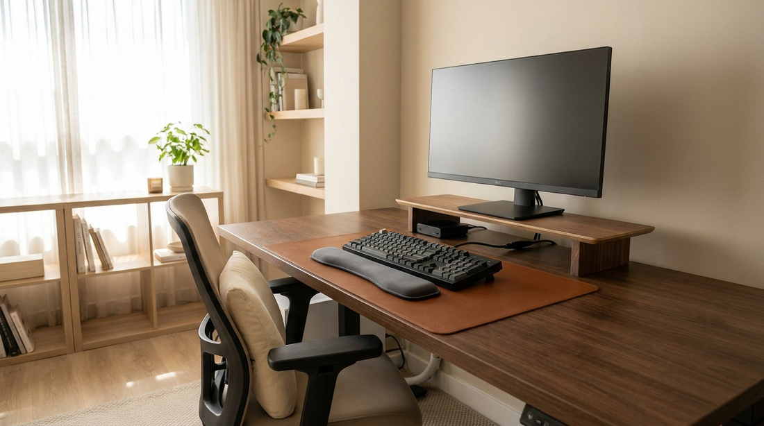 Setup de bureau ergonomique complet : écran rehaussé, chaise avec coussin lombaire, tapis cuir et câbles rangés