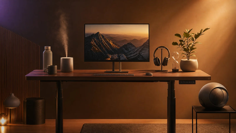 Setup bureau bien-être : bureau assis-debout, hydratation, purificateur d'air et casque ProSetup