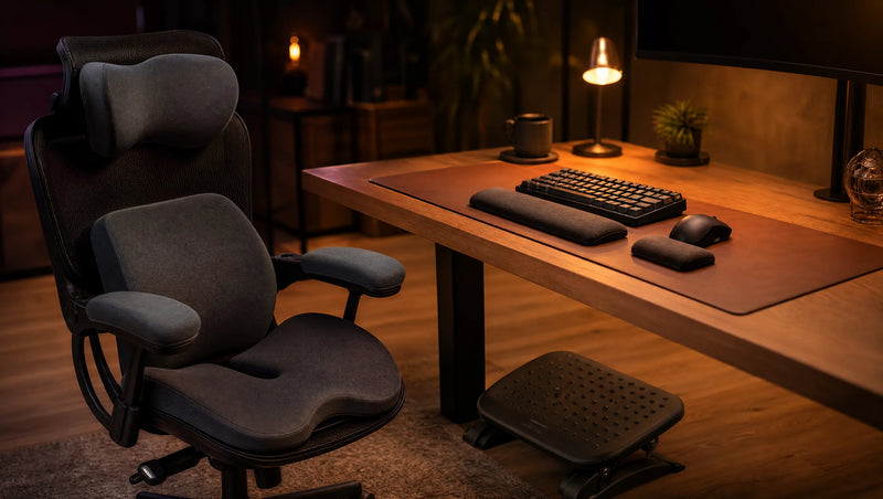 Setup bureau ergonomique : coussins lombaire et cervical, repose-poignets et tapis de bureau ProSetup