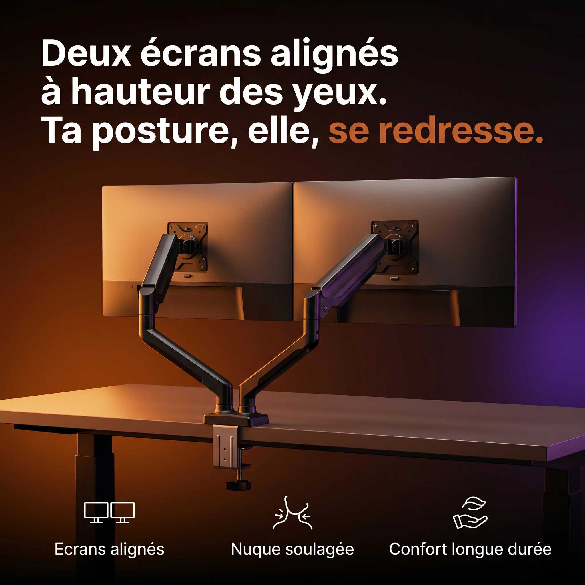 Deux écrans alignés à hauteur des yeux sur le bras articulé double écran ProSetup