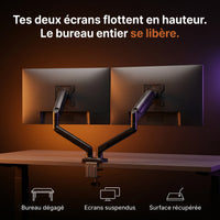 Deux écrans qui flottent sur le bras articulé ProSetup, surface du bureau libérée