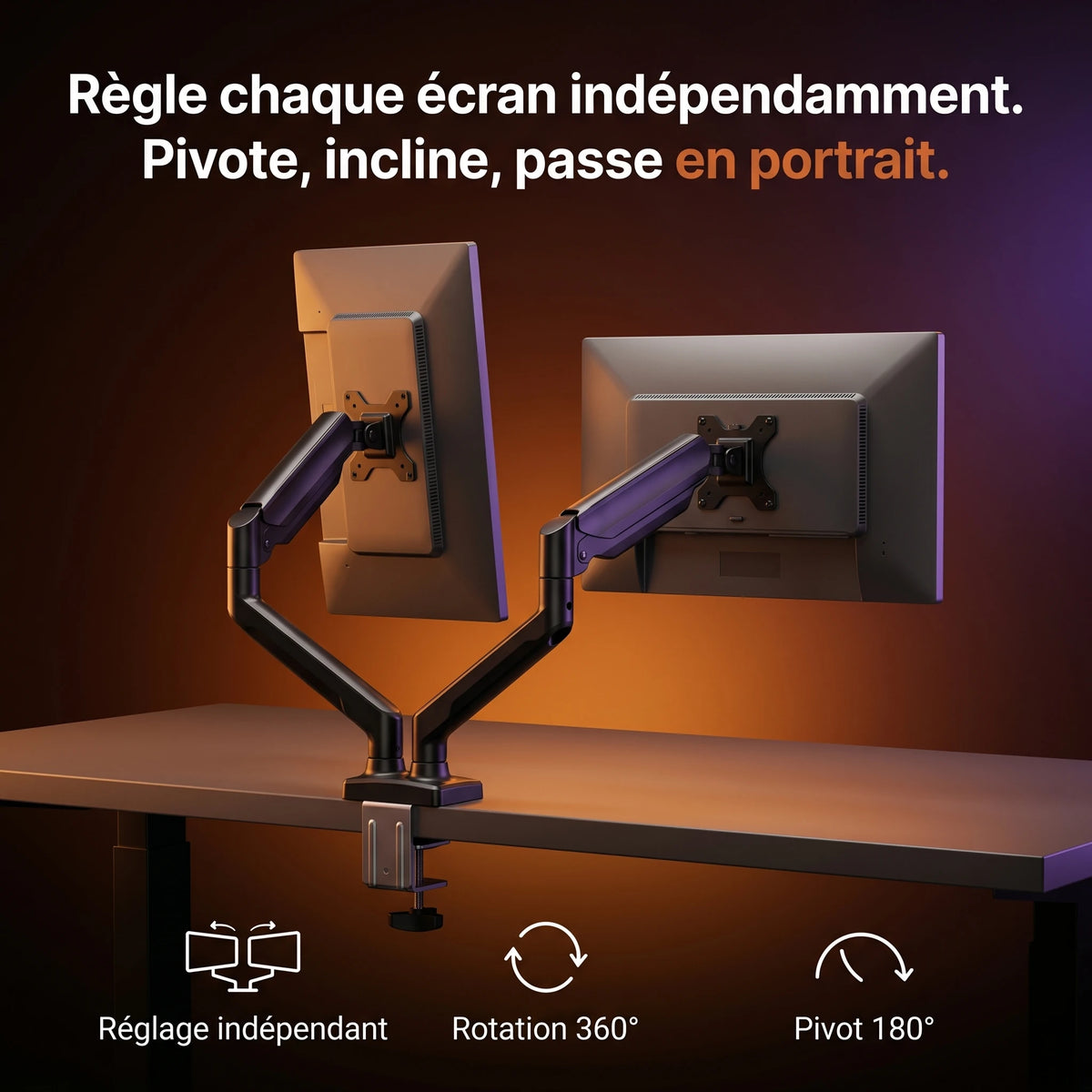 Bras articulé double écran ProSetup, chaque écran pivote, s'incline et tourne à 360°