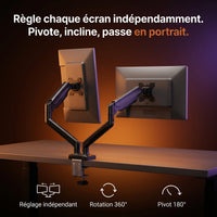 Bras articulé double écran ProSetup, chaque écran pivote, s'incline et tourne à 360°
