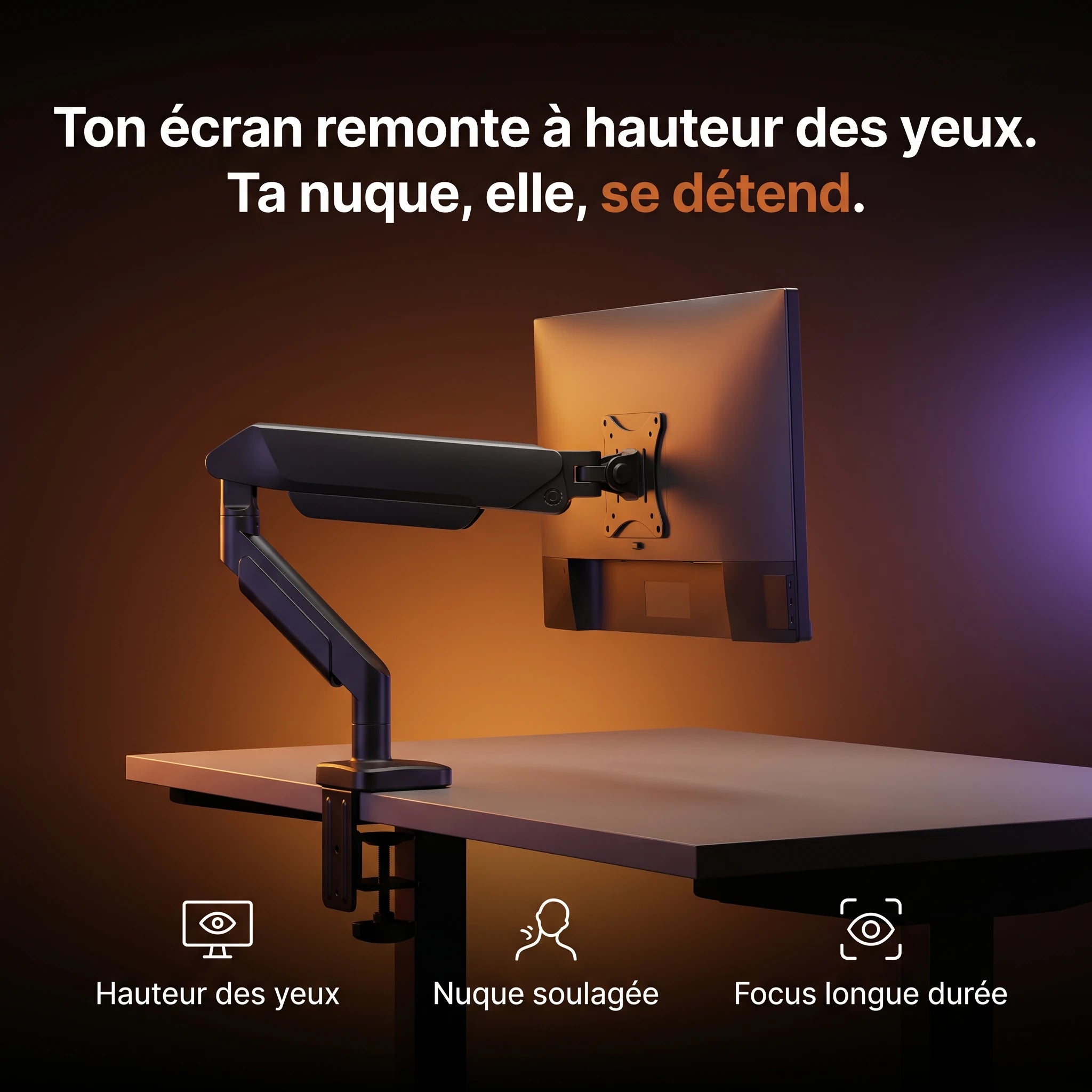 Écran remonté à hauteur des yeux sur le bras articulé ProSetup pour une posture saine