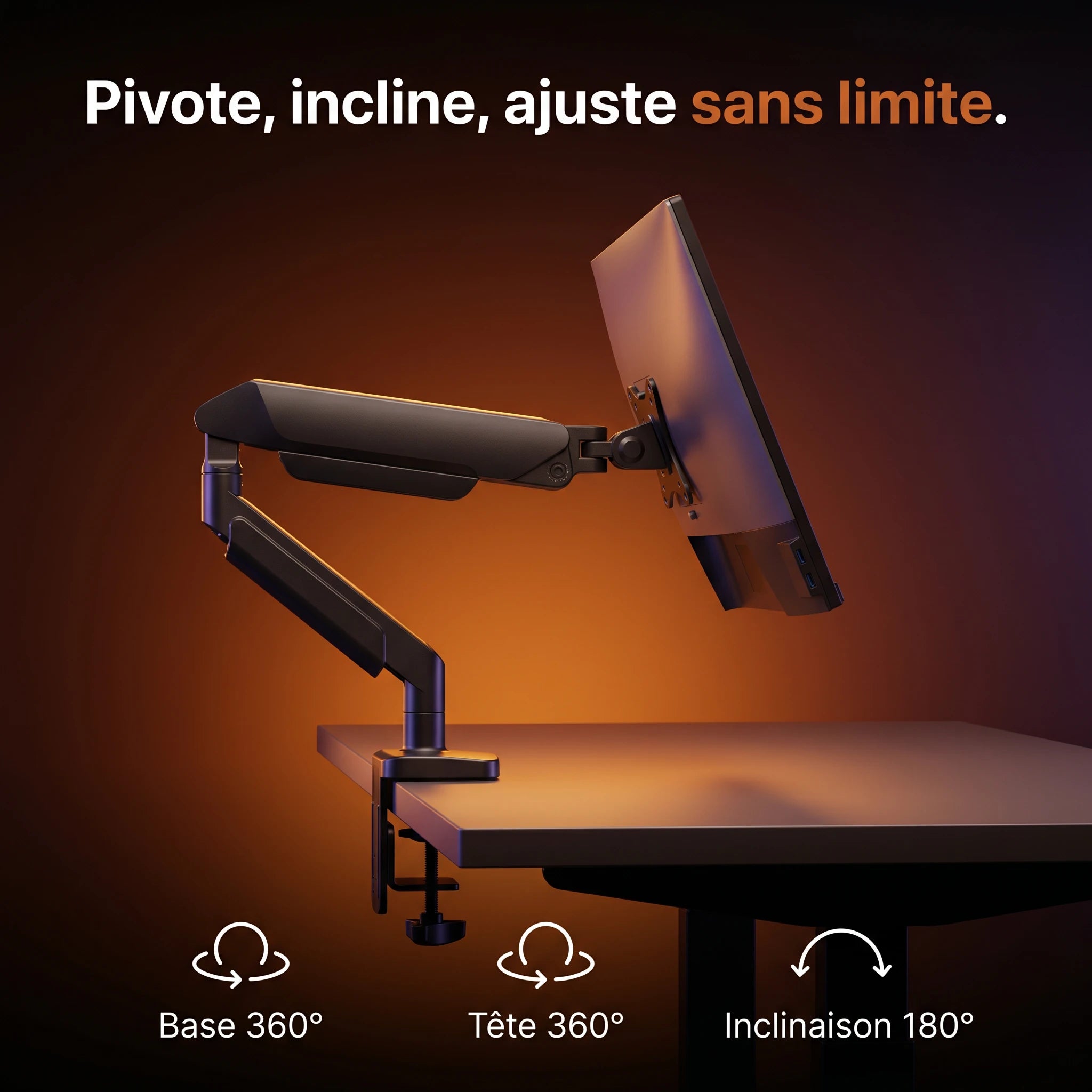 Bras articulé ProSetup pivotant et inclinable, écran ajusté en hauteur et rotation 360°