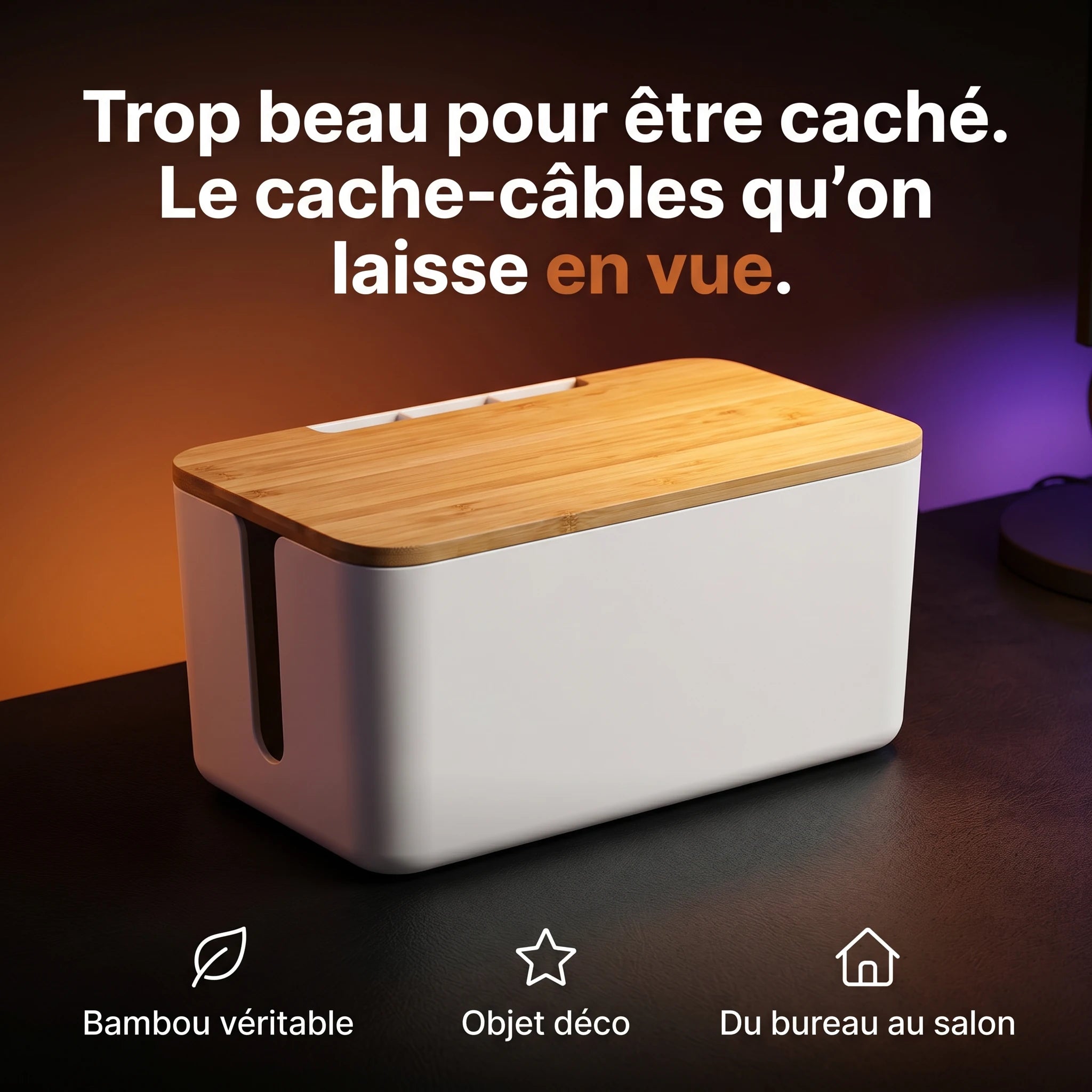 Caisson cache-multiprise ProSetup à couvercle bambou, accessoire déco qui masque la multiprise