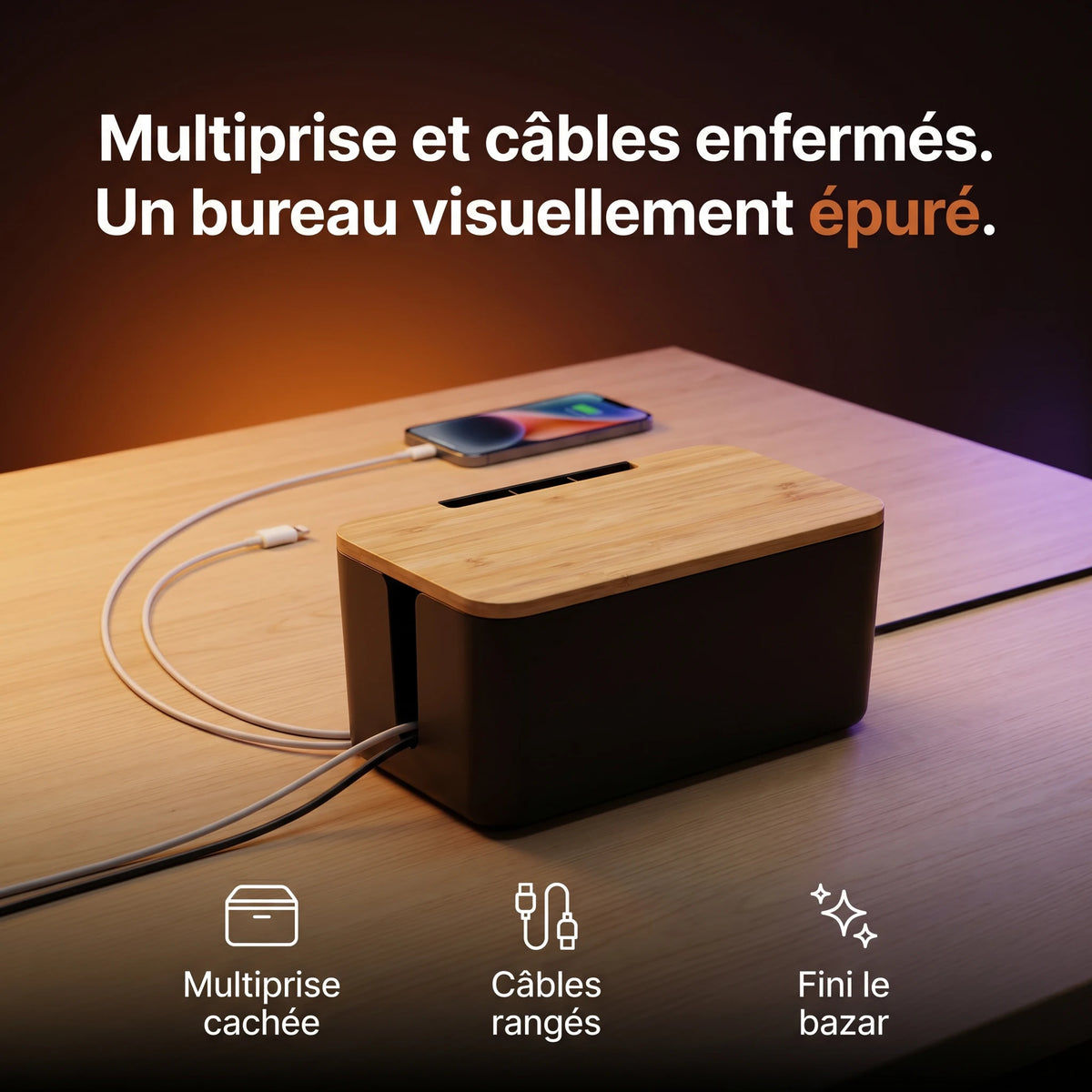 Caisson cache-multiprise ProSetup sur un bureau épuré, multiprise et câbles dissimulés