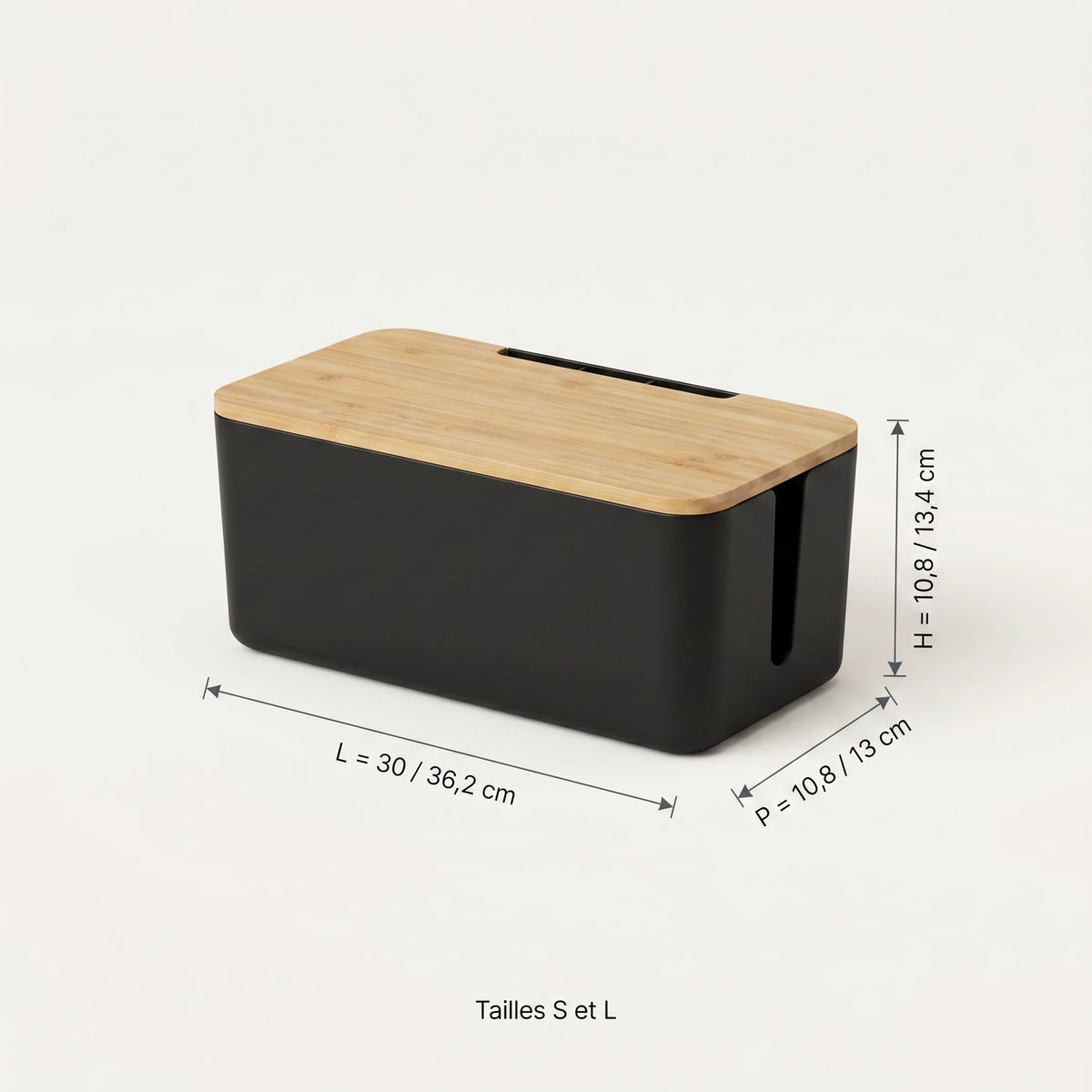 Caisson cache-multiprise ProSetup, schéma des dimensions, tailles S et L