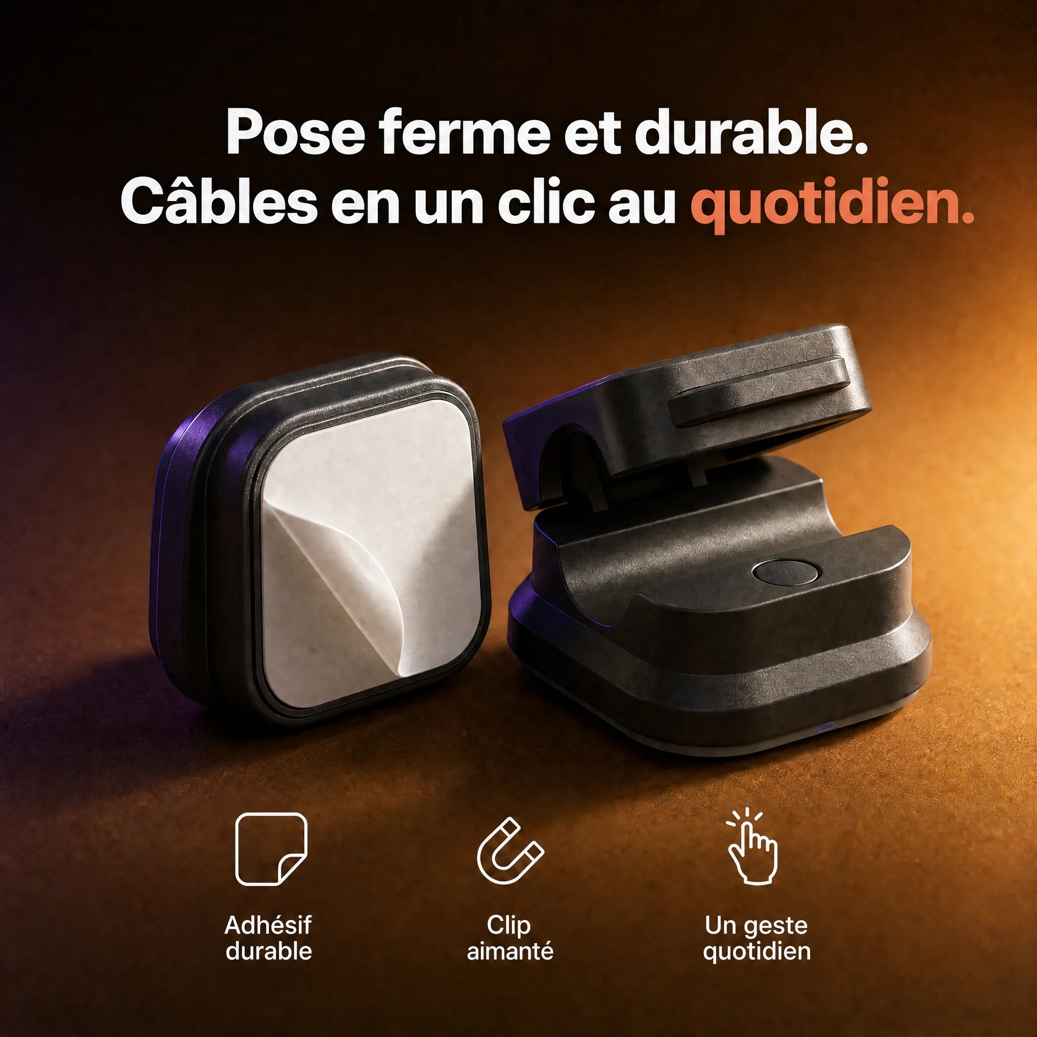 Système des clips câbles ProSetup : base adhésive et clip magnétique repositionnable