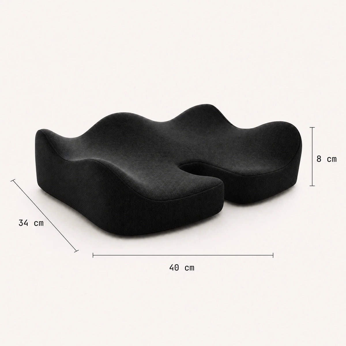 Dimensions coussin de siège 3D ergonomique : 40 × 34 × 8 cm, mémoire de forme