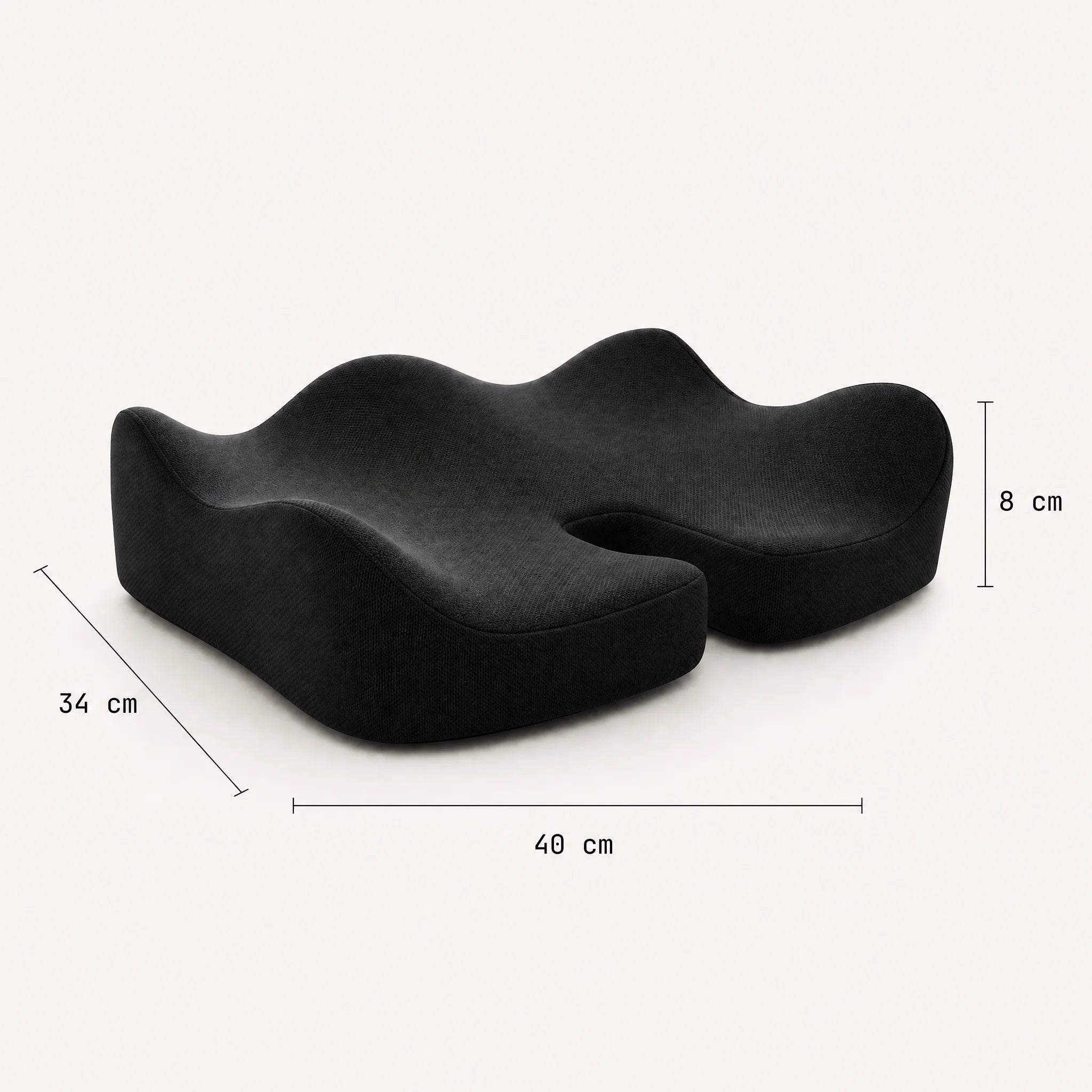 Dimensions coussin de siège 3D ergonomique : 40 × 34 × 8 cm, mémoire de forme