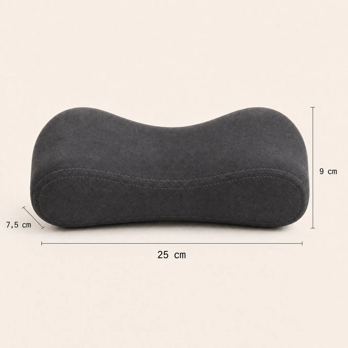Dimensions coussin d'accoudoir ergonomique : 25 × 7,5 × 9 cm, mémoire de forme