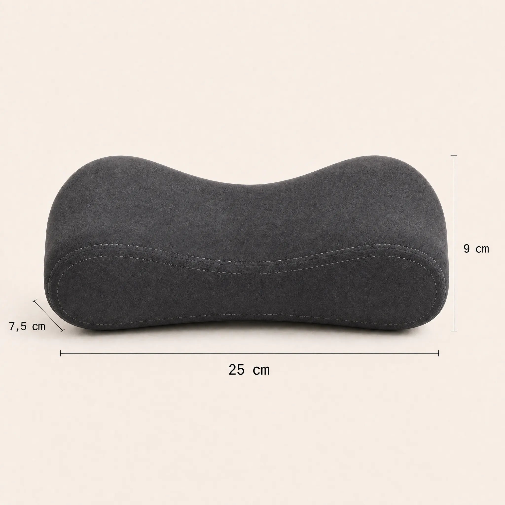 Dimensions coussin d'accoudoir ergonomique : 25 × 7,5 × 9 cm, mémoire de forme
