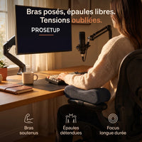 Bras posé sur coussin d'accoudoir ergonomique, épaules détendues et focus longue durée