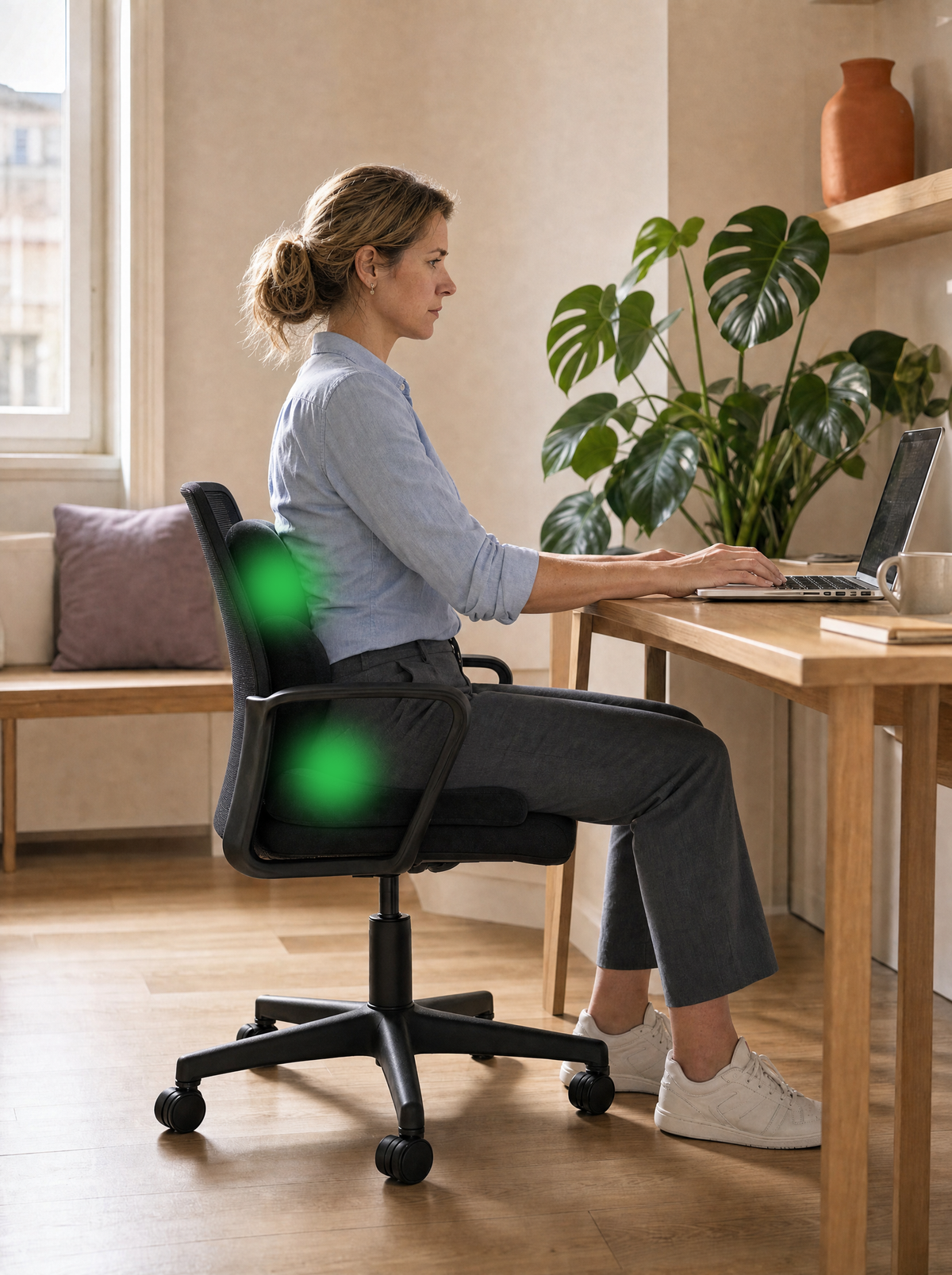 La même femme assise droite, chaise équipée du coussin lombaire et de l'assise du Pack Essentiel