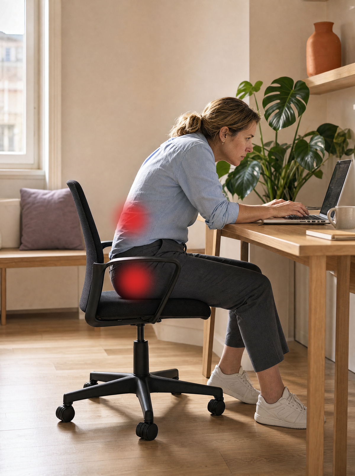 Femme courbée vers son écran sur une chaise de bureau standard sans coussin